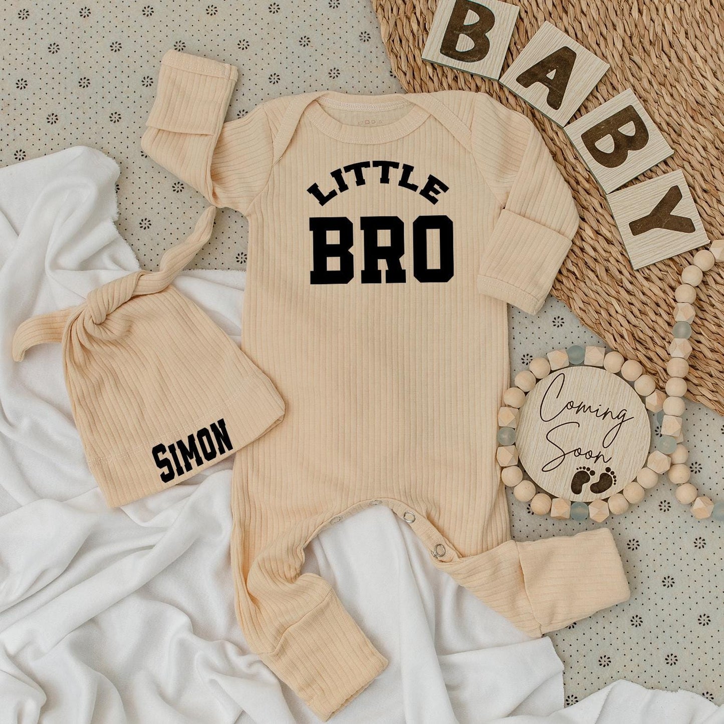 Little Brother Bodysuit and Hat Set Black Text "LITTLE BRO" "SIMON" Newborn Boy Gift Minimalist Modern Baby Outfit