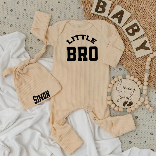 Little Brother Bodysuit and Hat Set Black Text "LITTLE BRO" "SIMON" Newborn Boy Gift Minimalist Modern Baby Outfit