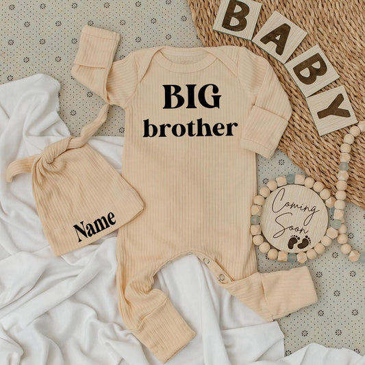 Big Brother Bodysuit Hat Set, Personalized Name Outfit Coming Soon Newborn Baby Boy Gift Set, Minimalist Baby Clothes Sibling Reveal Outfit 139