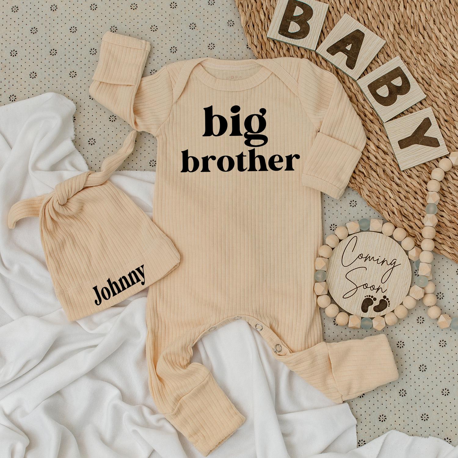Big Brother Bodysuit & Personalized Johnny Hat Set | Natural Baby Announcement Outfit Coming Soon | Newborn Boy Clothes, Baby Shower Gift Idea 136