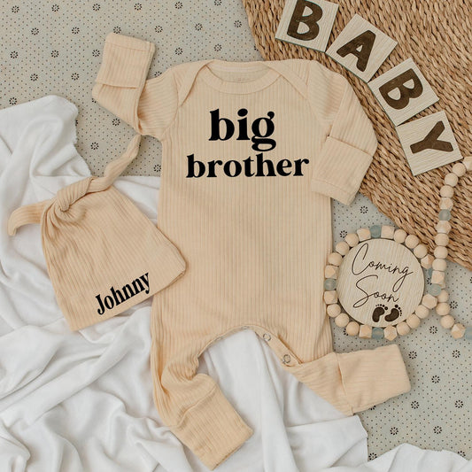 Big Brother Bodysuit & Personalized Johnny Hat Set | Natural Baby Announcement Outfit Coming Soon | Newborn Boy Clothes, Baby Shower Gift Idea 136