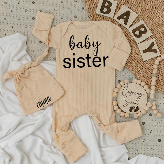Baby Sister Bodysuit & Hat Set Black Vertical Font "baby sister" "emma" Newborn Girl Gift Outfit