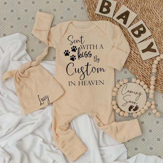 Sent With A Kiss By Custom Name in Heaven Baby Bodysuit and Hat Set Personalized Pet Memorial Gift