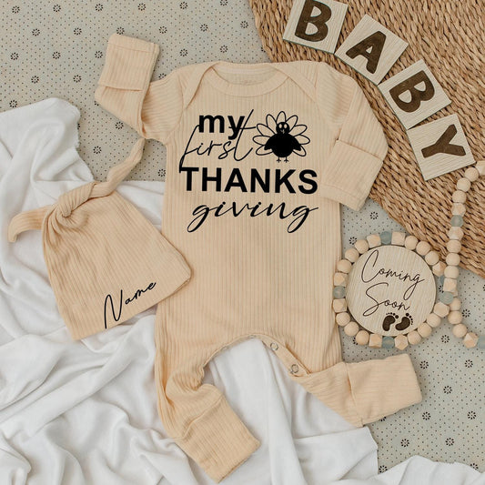 My First Thanksgiving Baby Bodysuit & Hat Set - Newborn Outfit, Cute Long Sleeve Jumpsuit, Little Turkey, Playful Infant Clothes, Shower Gift 138