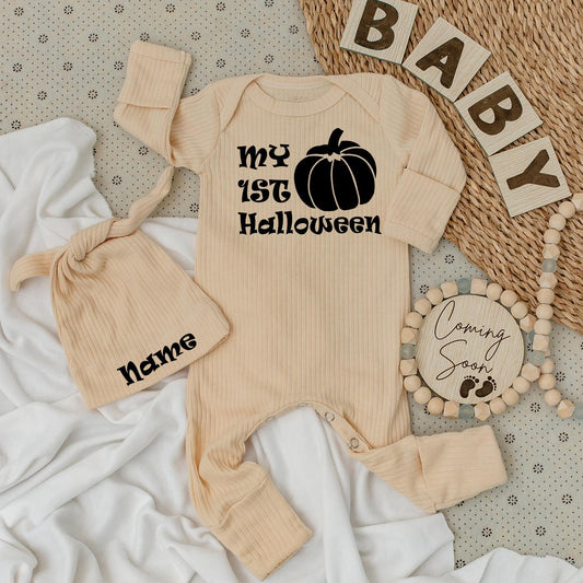 Personalized My First Halloween Baby Bodysuit and Hat Set Newborn Long Sleeve Outfit with Name on Hat Black Pumpkin Graphic Coming Home Baby Shower Gift Autumn Fall