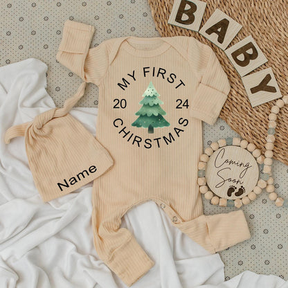 My First Christmas Baby Bodysuit and Hat Set Cute Tree Name Personalized Baby Boy Girl Gift Newborn Coming Soon Outfit 2024 Unisex