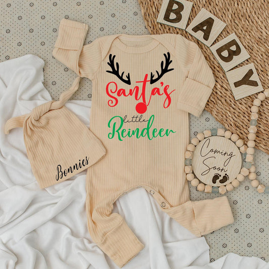 Santa's Little Reindeer Baby Bodysuit & Hat Christmas Outfit Personalized Name Coming Soon Cute 1st Xmas Gift Unisex