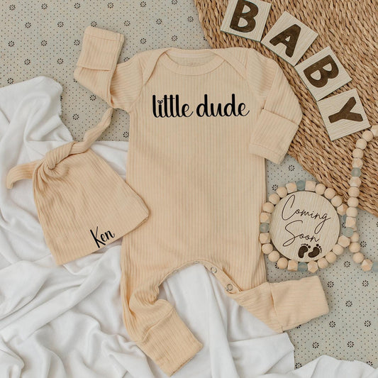 Little Dude Bodysuit & Ken Hat Set Personalized Baby Gift Newborn Shower Outfit Black Cursive Design Modern Announcement