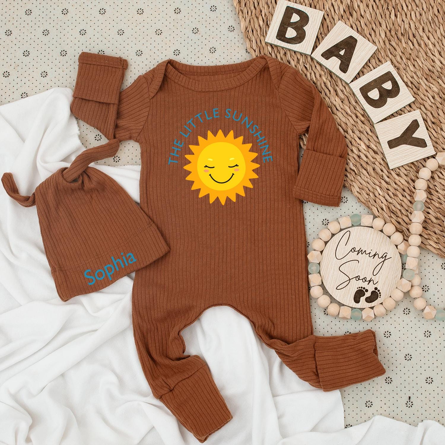The Little Sunshine Baby Bodysuit & Hat Set Personalized Sophia Name Light Blue Sun Cartoon Newborn Girl Clothes Birthday Gift