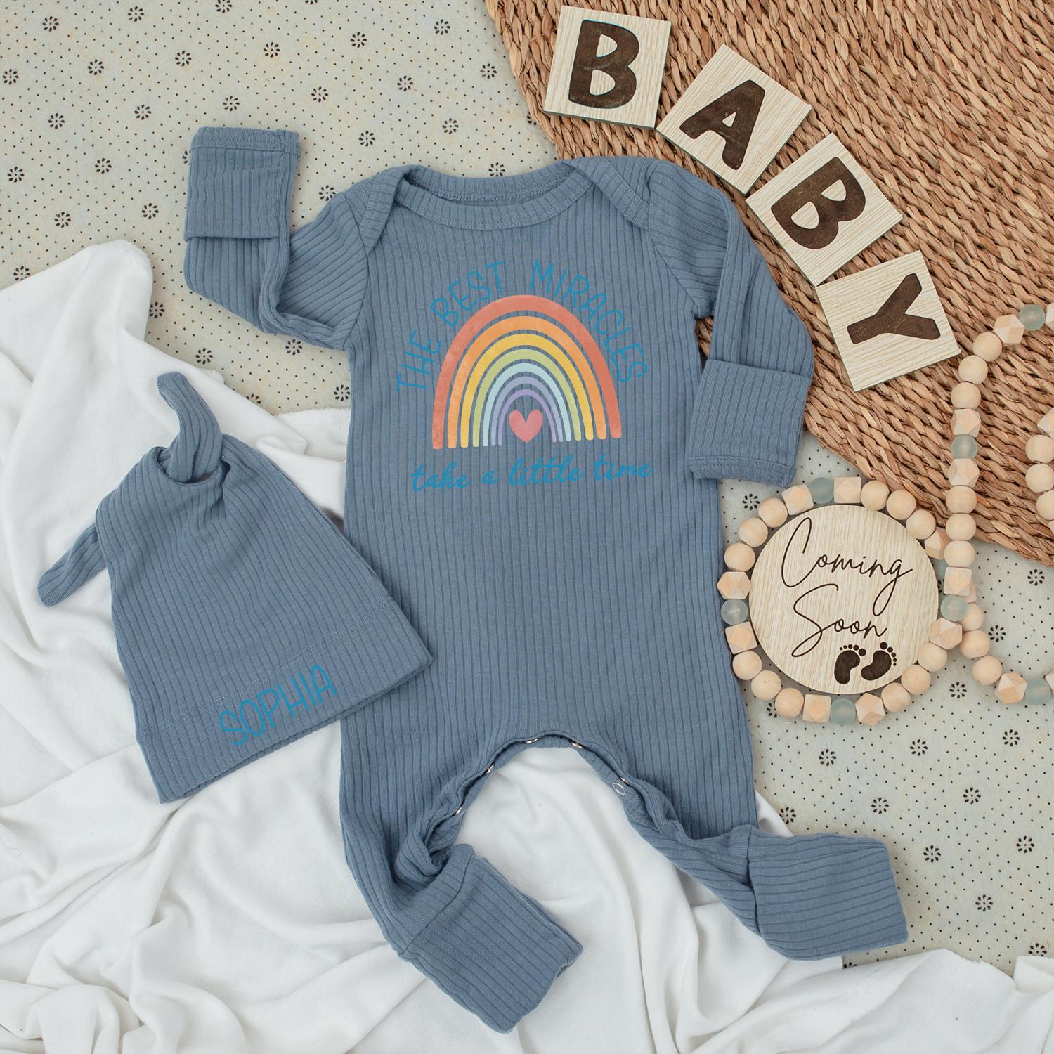 Personalized 'The Best Miracles' Baby Bodysuit & Hat Set with Sweet Pastel Rainbow Design Pink Heart Muted Teal Baby Girl Newborn Gift