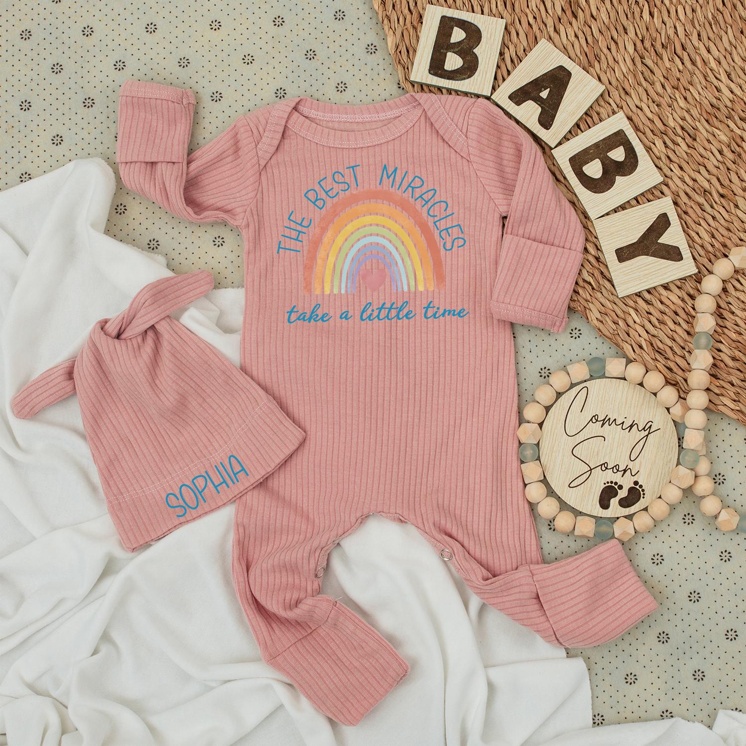 Personalized 'The Best Miracles' Baby Bodysuit & Hat Set with Sweet Pastel Rainbow Design Pink Heart Muted Teal Baby Girl Newborn Gift