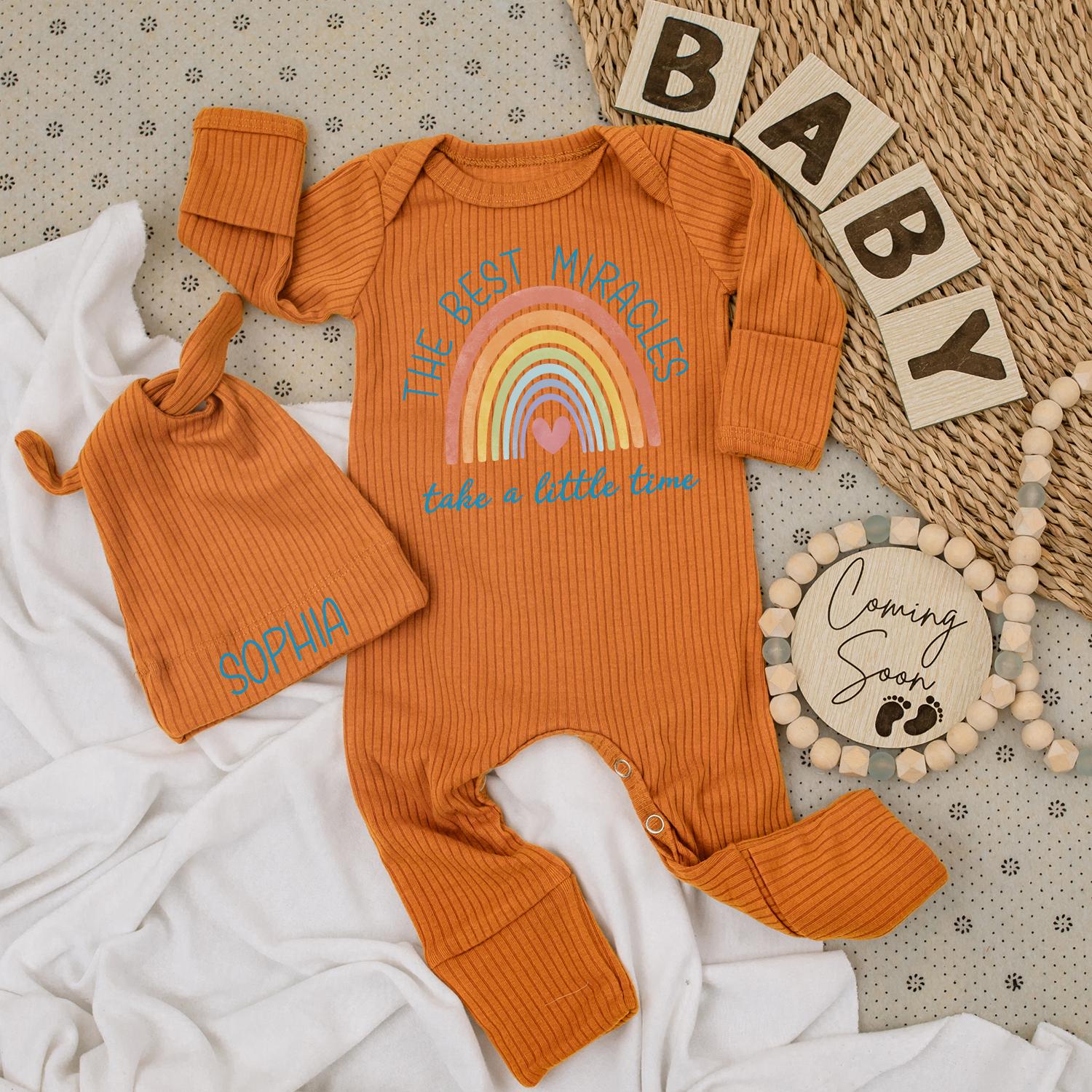 Personalized 'The Best Miracles' Baby Bodysuit & Hat Set with Sweet Pastel Rainbow Design Pink Heart Muted Teal Baby Girl Newborn Gift