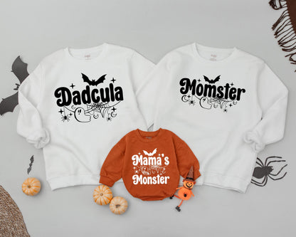 Matching Halloween Family Sweaters: Momster, Dadcula & Baby Boo Outfits