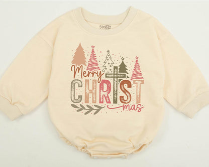 Merry Christ-mas Baby Outfit Bubble Romper Whimsical Christian Xmas Tree Cross Toddler Sweatshirt Soft Green Pink Brown Holiday Baby Shower Gift Family Matching 