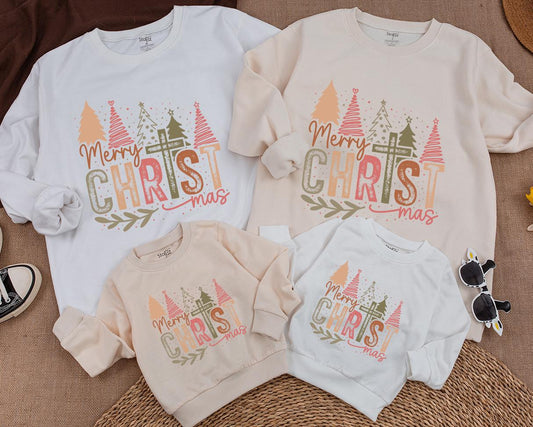 Merry Christ-mas Baby Outfit Bubble Romper Whimsical Christian Xmas Tree Cross Toddler Sweatshirt Soft Green Pink Brown Holiday Baby Shower Gift Family Matching 