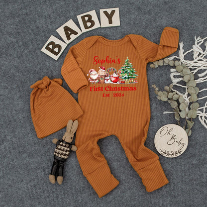 Sophia's First Christmas 2024 Bodysuit & Hat Set, Personalized Newborn Outfit, Cute Holiday Romper, Baby Shower Gift, Santa & Snowman, Whimsical Xmas Tee