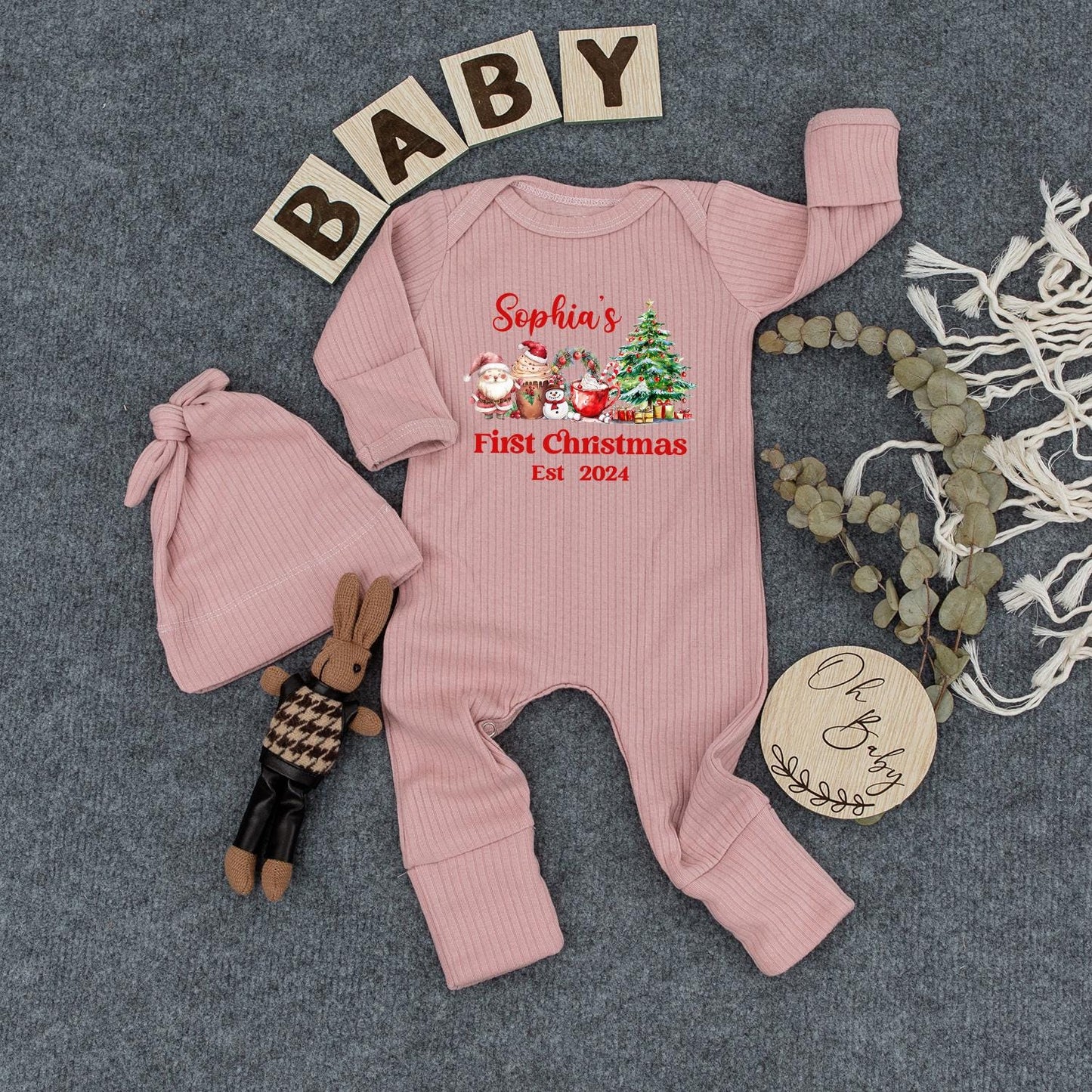 Sophia's First Christmas 2024 Bodysuit & Hat Set, Personalized Newborn Outfit, Cute Holiday Romper, Baby Shower Gift, Santa & Snowman, Whimsical Xmas Tee