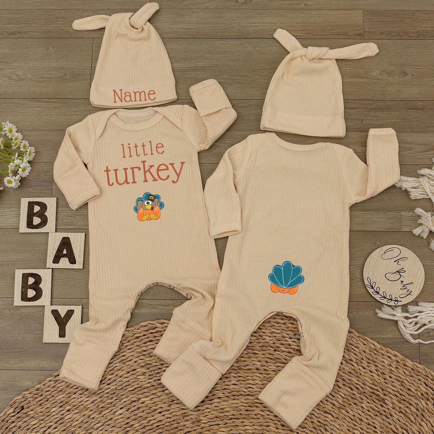 Little Turkey Baby Bodysuit & Hat Set, Custom Name Newborn Jumpsuit, 1st Thanksgiving Outfit, Baby Shower Gift, Baby Girl Boy Clothes (139 chars)
