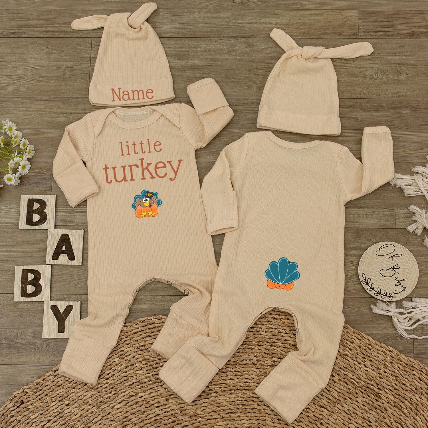 Little Turkey Baby Bodysuit & Hat Set, Custom Name Newborn Jumpsuit, 1st Thanksgiving Outfit, Baby Shower Gift, Baby Girl Boy Clothes (139 chars)
