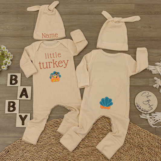 Little Turkey Baby Bodysuit & Hat Set, Custom Name Newborn Jumpsuit, 1st Thanksgiving Outfit, Baby Shower Gift, Baby Girl Boy Clothes (139 chars)