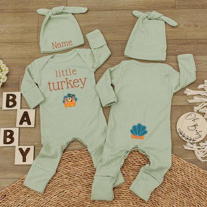 Little Turkey Baby Bodysuit & Hat Set, Custom Name Newborn Jumpsuit, 1st Thanksgiving Outfit, Baby Shower Gift, Baby Girl Boy Clothes (139 chars)