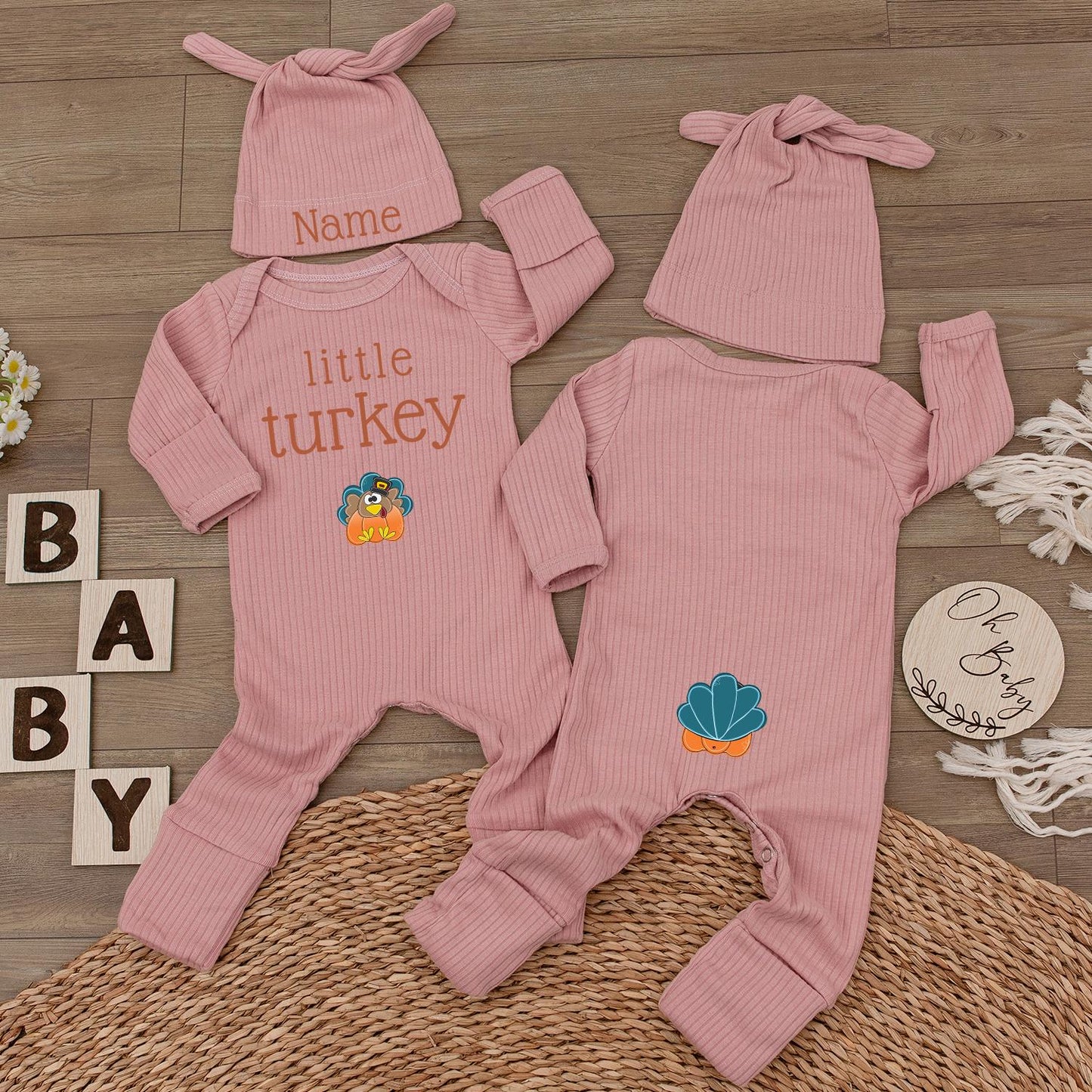 Little Turkey Baby Bodysuit & Hat Set, Custom Name Newborn Jumpsuit, 1st Thanksgiving Outfit, Baby Shower Gift, Baby Girl Boy Clothes (139 chars)