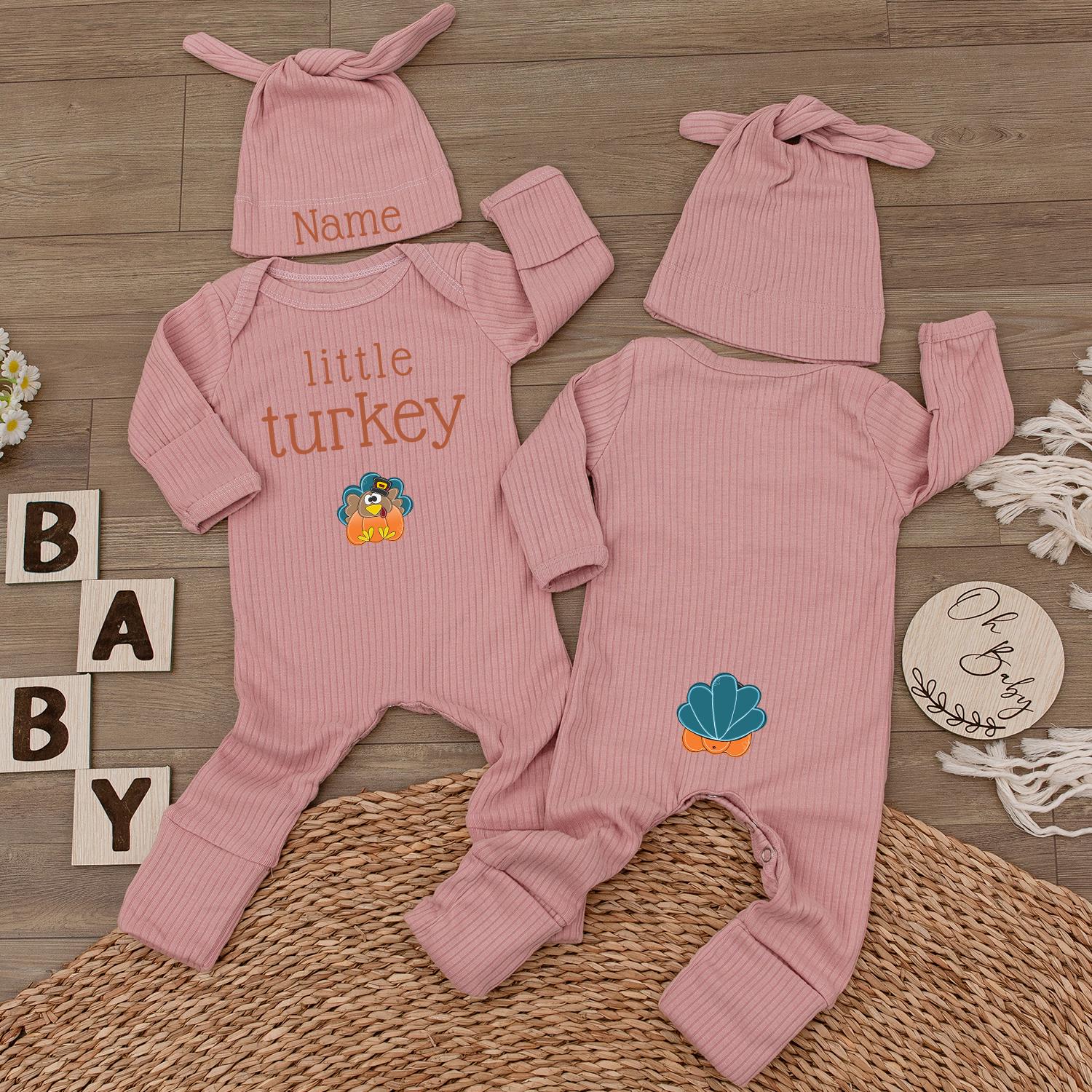 Little Turkey Baby Bodysuit & Hat Set, Custom Name Newborn Jumpsuit, 1st Thanksgiving Outfit, Baby Shower Gift, Baby Girl Boy Clothes (139 chars)