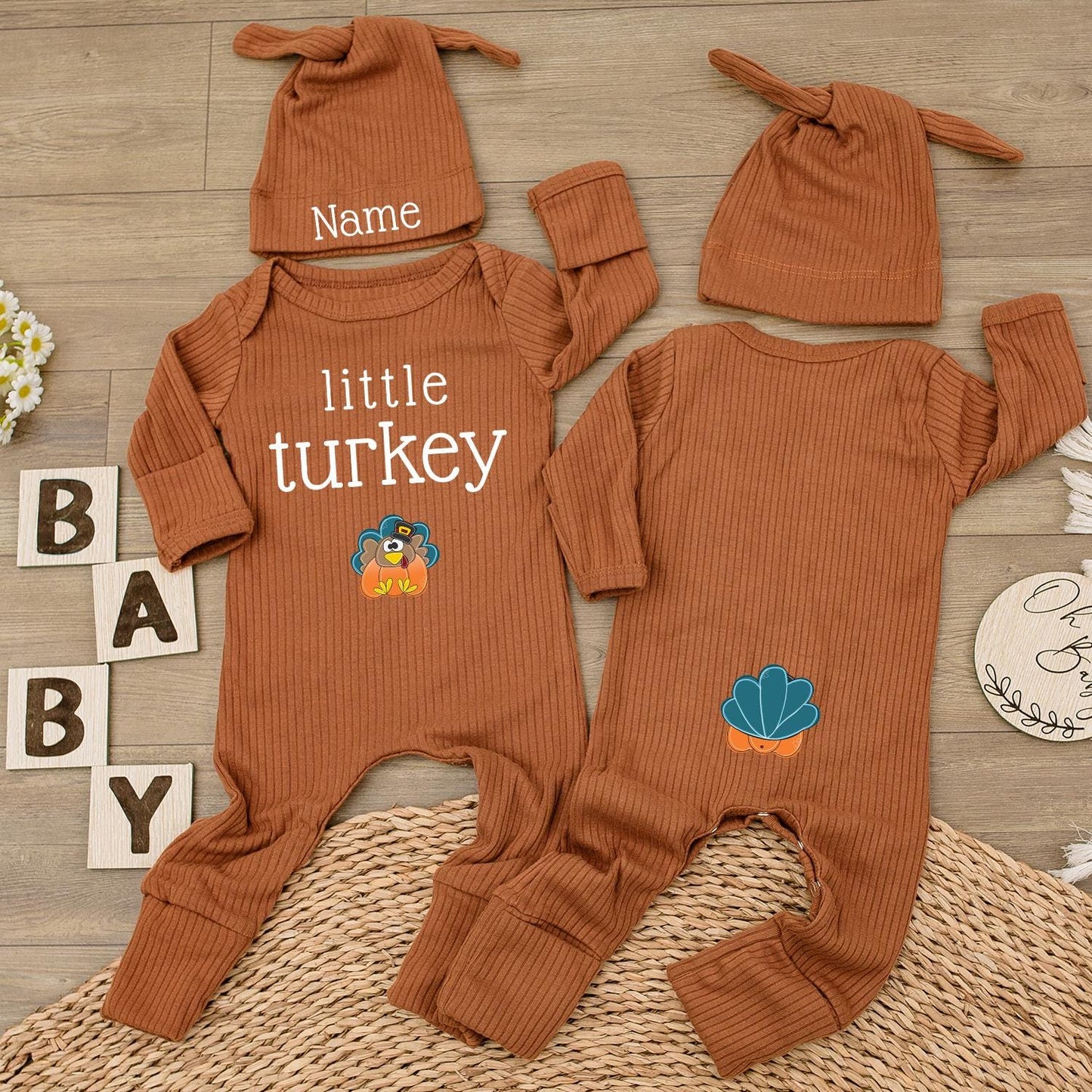 Little Turkey Baby Bodysuit & Hat Set, Custom Name Newborn Jumpsuit, 1st Thanksgiving Outfit, Baby Shower Gift, Baby Girl Boy Clothes (139 chars)