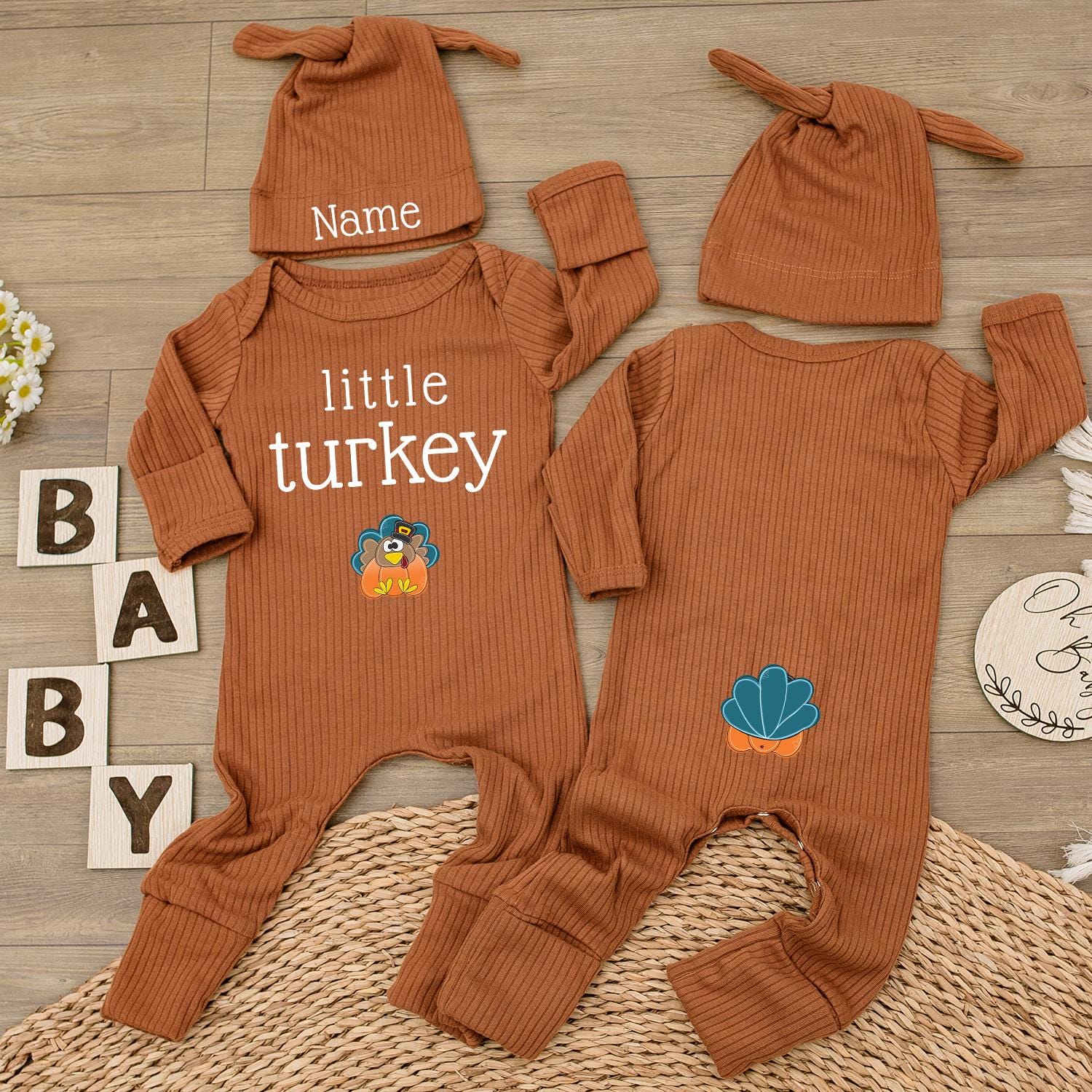 Little Turkey Baby Bodysuit & Hat Set, Custom Name Newborn Jumpsuit, 1st Thanksgiving Outfit, Baby Shower Gift, Baby Girl Boy Clothes (139 chars)