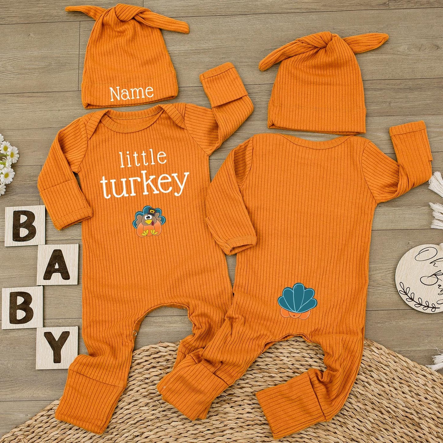 Little Turkey Baby Bodysuit & Hat Set, Custom Name Newborn Jumpsuit, 1st Thanksgiving Outfit, Baby Shower Gift, Baby Girl Boy Clothes (139 chars)