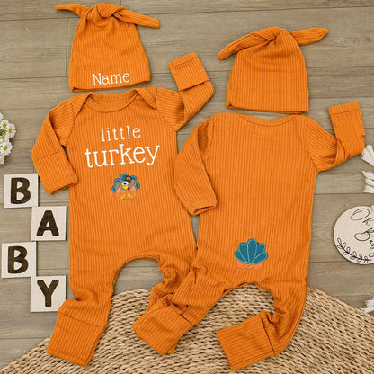 Little Turkey Baby Bodysuit & Hat Set, Custom Name Newborn Jumpsuit, 1st Thanksgiving Outfit, Baby Shower Gift, Baby Girl Boy Clothes (139 chars)