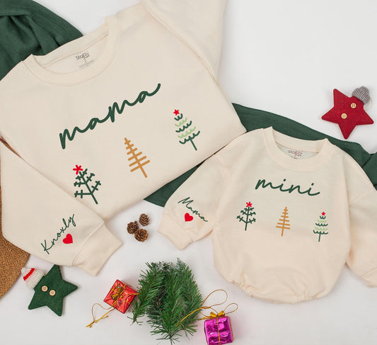 Matching Mama & Mini Christmas Sweatshirts, Family Outfit, Custom Name Sleeve, Dark Green Cursive, Christmas Tree, Baby Girl Gift