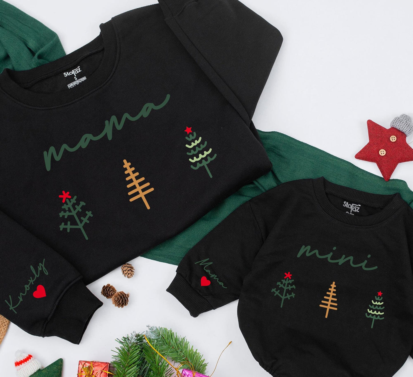 Matching Mama & Mini Christmas Sweatshirts, Family Outfit, Custom Name Sleeve, Dark Green Cursive, Christmas Tree, Baby Girl Gift
