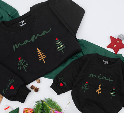 Matching Mama & Mini Christmas Sweatshirts, Family Outfit, Custom Name Sleeve, Dark Green Cursive, Christmas Tree, Baby Girl Gift
