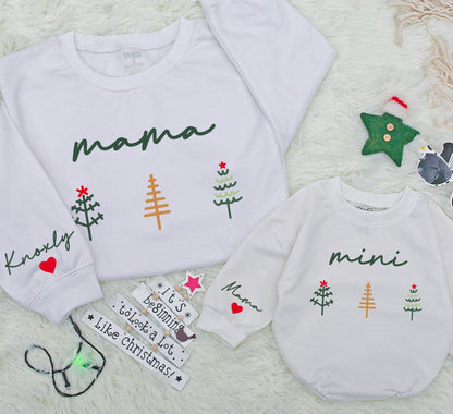 Matching Mama & Mini Christmas Sweatshirts, Family Outfit, Custom Name Sleeve, Dark Green Cursive, Christmas Tree, Baby Girl Gift