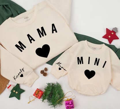Personalized Mama and Mini Sweatshirt Knoxly Mama Sleeve Custom Black Heart Design Matching Family Outfits Baby Girl Gift