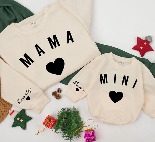 Personalized Mama and Mini Sweatshirt Knoxly Mama Sleeve Custom Black Heart Design Matching Family Outfits Baby Girl Gift