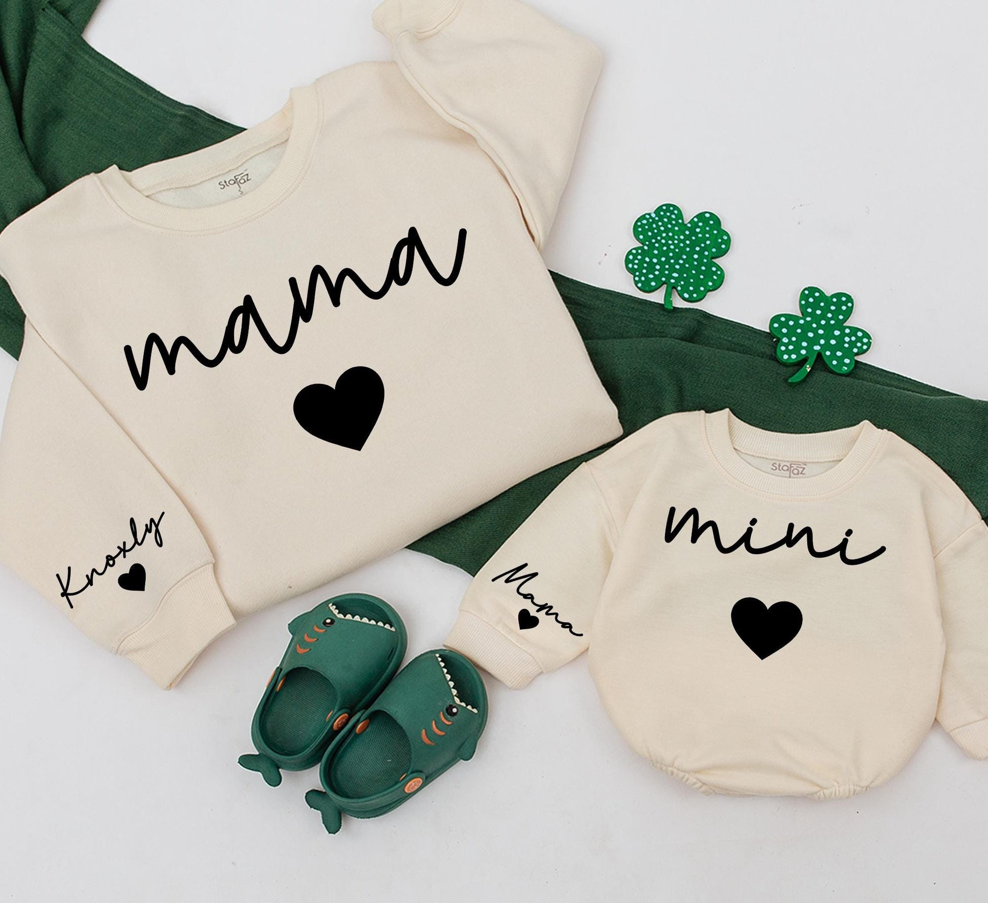 Personalized Mama and Mini Matching Sweatshirts for Mom and Baby Girl with Sleeve Name Detail Minimalist Modern Family Christmas Gift