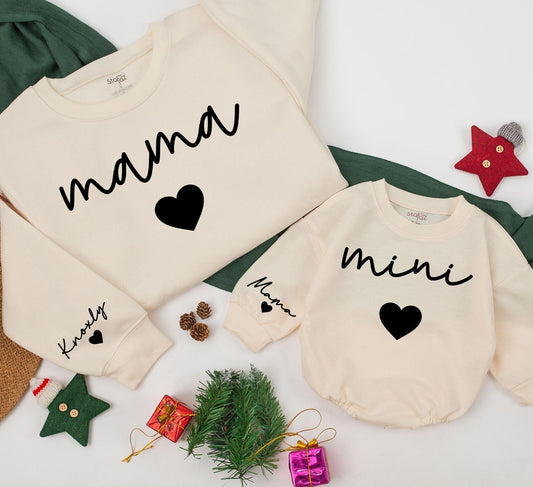 Personalized Mama and Mini Matching Sweatshirts for Mom and Baby Girl with Sleeve Name Detail Minimalist Modern Family Christmas Gift