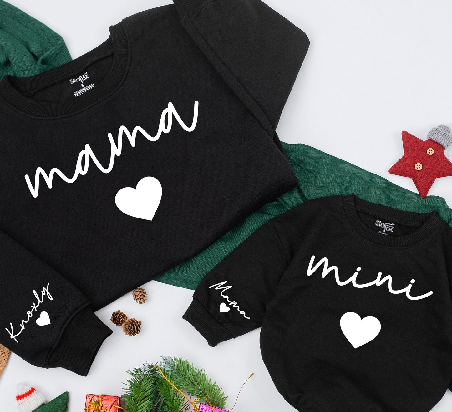 Personalized Mama and Mini Matching Sweatshirts for Mom and Baby Girl with Sleeve Name Detail Minimalist Modern Family Christmas Gift