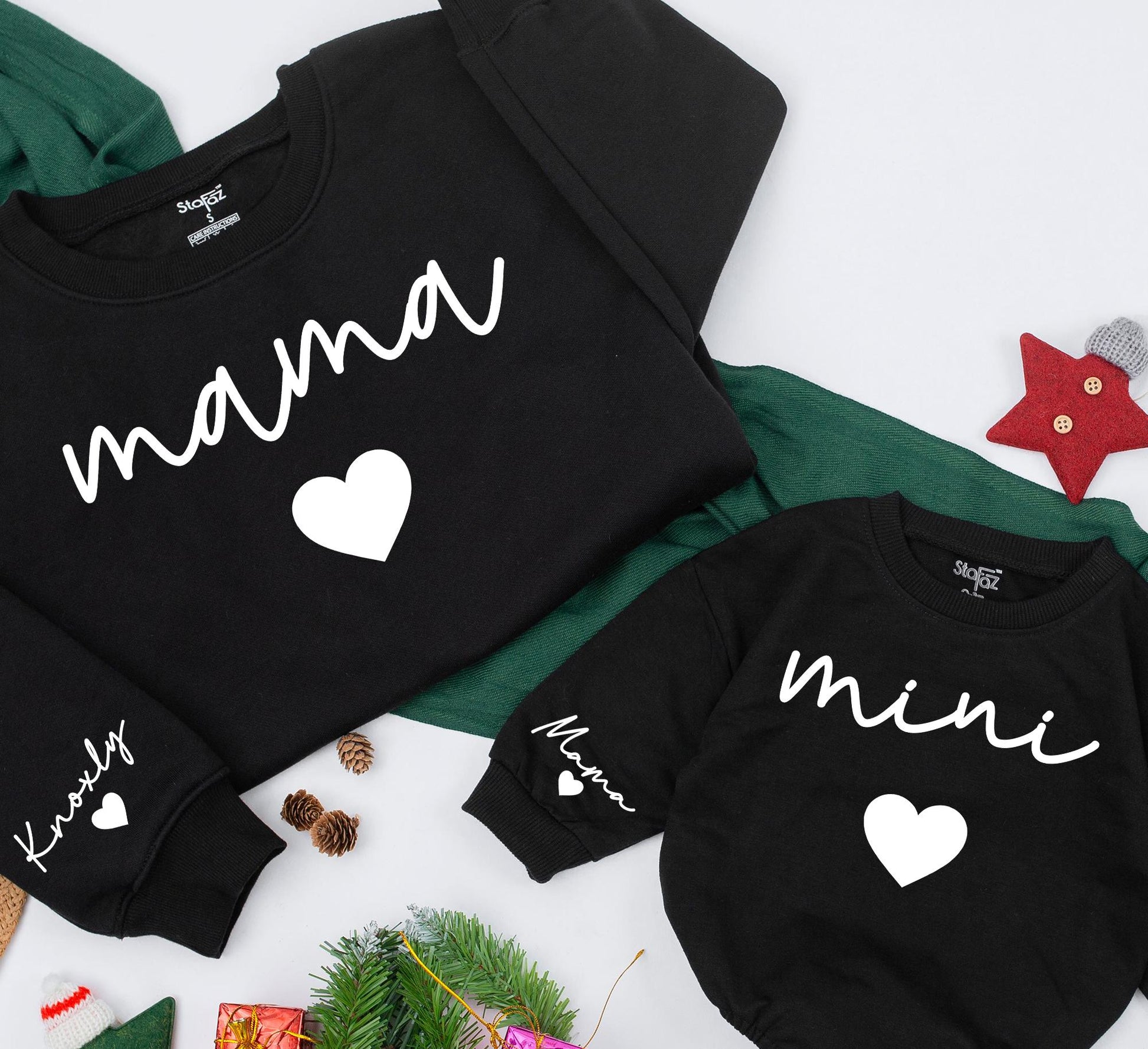 Personalized Mama and Mini Matching Sweatshirts for Mom and Baby Girl with Sleeve Name Detail Minimalist Modern Family Christmas Gift