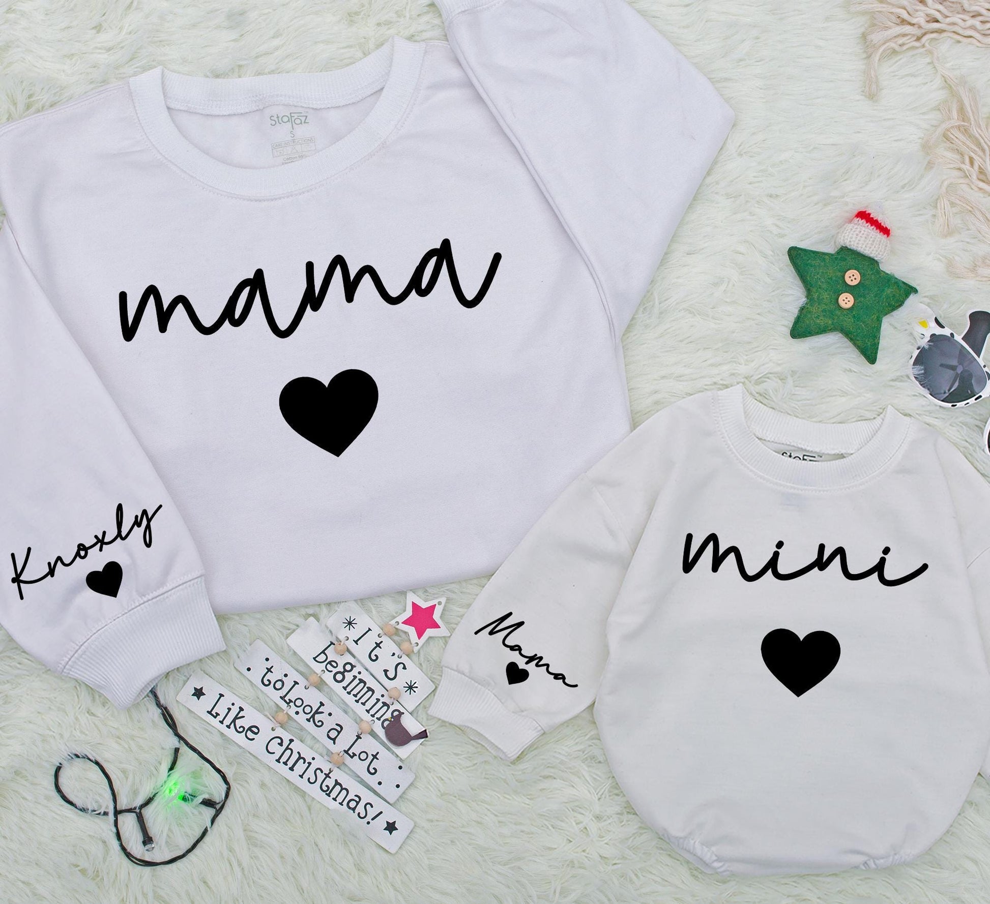 Personalized Mama and Mini Matching Sweatshirts for Mom and Baby Girl with Sleeve Name Detail Minimalist Modern Family Christmas Gift
