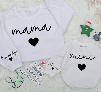Personalized Mama and Mini Matching Sweatshirts for Mom and Baby Girl with Sleeve Name Detail Minimalist Modern Family Christmas Gift