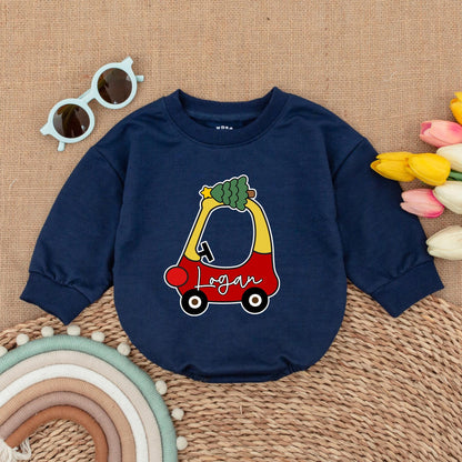 Personalized Christmas Car Baby Romper – First Xmas Vintage Outfit