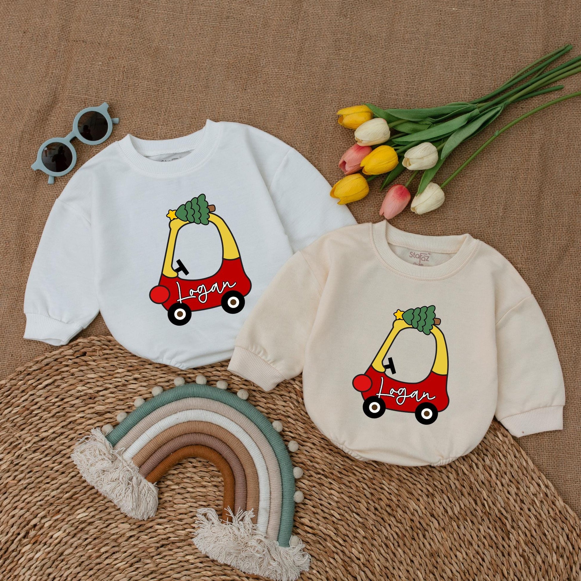 Personalized Christmas Car Baby Romper – First Xmas Vintage Outfit