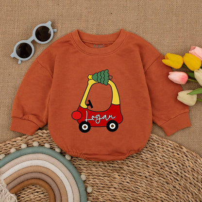 Personalized Christmas Car Baby Romper – First Xmas Vintage Outfit