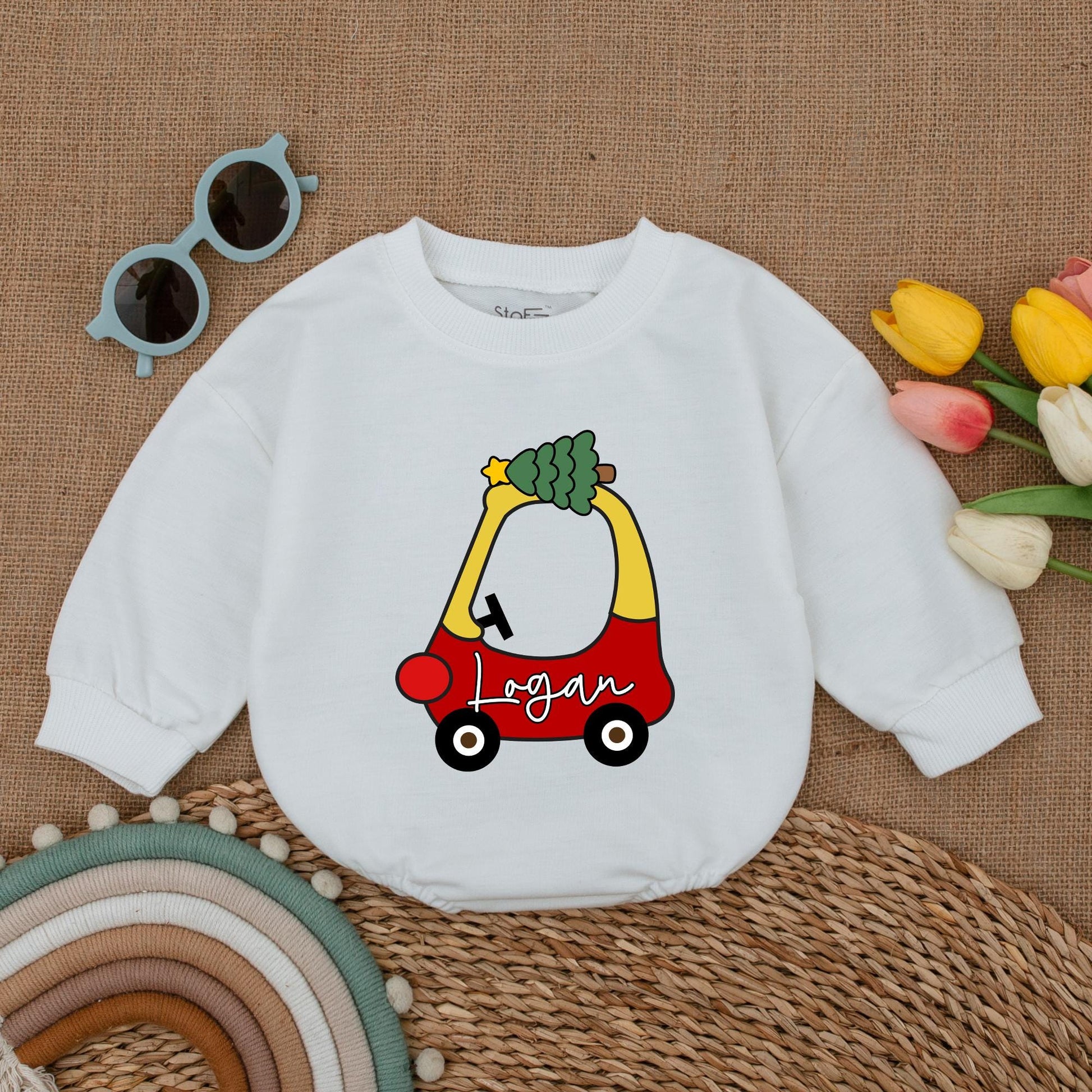 Personalized Christmas Car Baby Romper – First Xmas Vintage Outfit