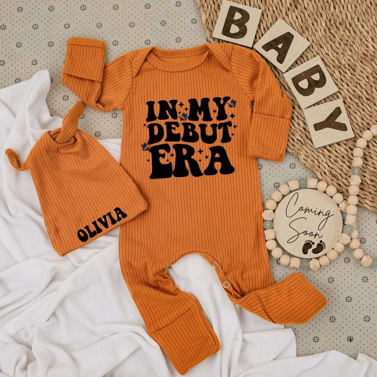 In My Debut Era Bodysuit & Hat Set - Baby Girl Going Home Outfit, Cute Newborn Gift, Black Star Butterfly Design, Modern Baby Clothes (138 chars)