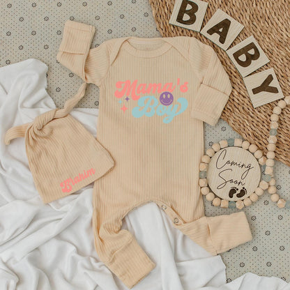 Retro Mama's Boy Bodysuit & Hat Set - Brahim's Newborn Outfit, Cute Baby Clothes, Vintage Inspired, Going Home Gift, Pink & Blue Stars (137 chars)