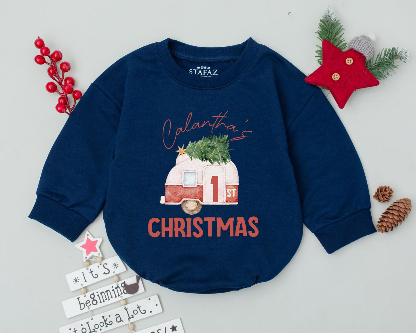 Custom Name Baby Romper: Vintage Santa Christmas Outfit, 1st Xmas